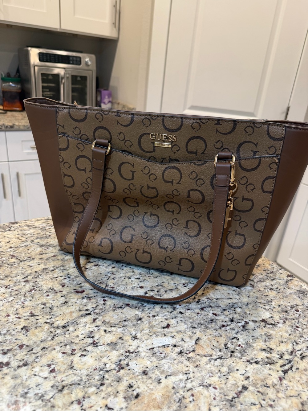 GUESS Brown Logo Monogram Tote with Contrast Side Panels